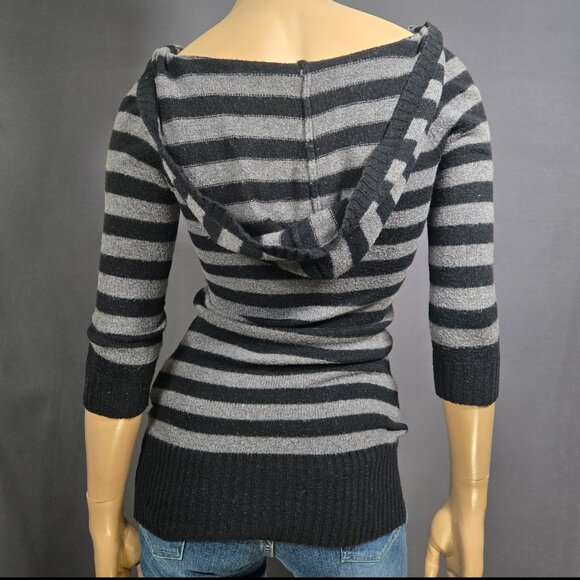 Y2K Striped Hooded Skinny Sweater Size S Emo Grunge Gray Black Long Henley - Picture 7 of 9